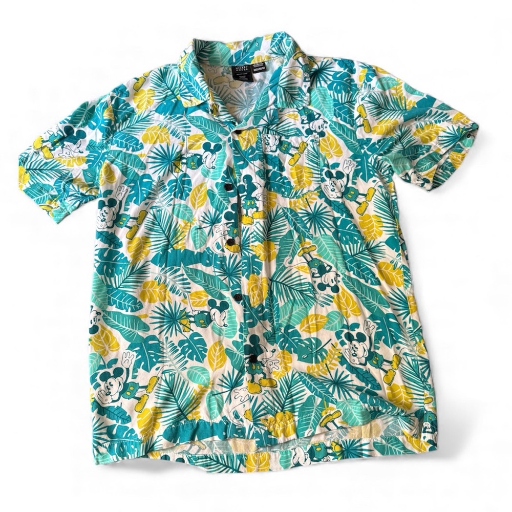 Disney Men's Mickey Mouse Tropical Button Shirt - Teal and Yellow